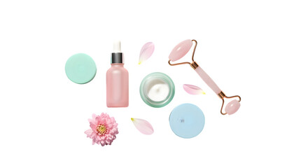 Naklejka premium Minimalist skincare flatlay with pastel tones, isolated on white background