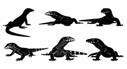 Naklejka premium Monitor Lizard Silhouette Set on White Background – Komodo Dragon, Water Monitor, Savannah Monitor, Nile Monitor, Exotic Reptiles, and Giant Lizard Vector Silhouettes Isolated