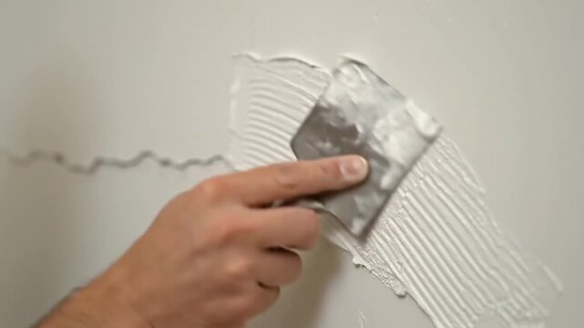 Dynamic Close-Up of a Spatula Spreading Textured White Spackle to Repair a Crack on a Wall