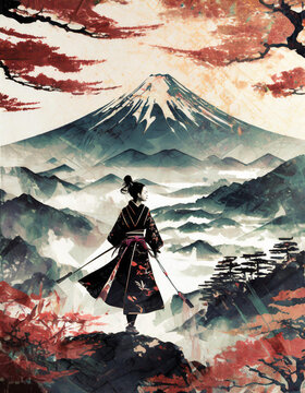 Japanese warrior stands before stunning mountain landscape in vibrant Japan