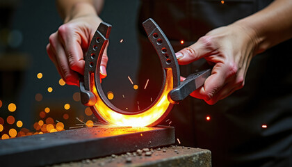 Blacksmith working with glowing horseshoe in dark forge with sparks flying
