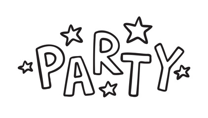 party handwritten doodle lettering trendy. Outline hand lettering funny positive style and stars. playful children or summer party