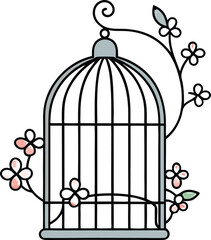 Delicate Birdcage with Floral Accents Minimalist Design for Invitations Stationery and Decorative Elements Isolated on White Background Vector Illustration