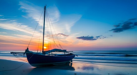 Naklejka premium Sunrise sailboat on tropical beach (AI Generated)