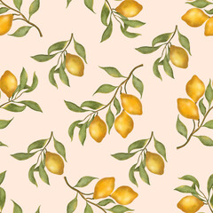 Seamless watercolor pattern with lemons and leaves on a light background. Hand painted botanical print