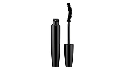 Obraz premium Open mascara tube with curved brush, sleek black packaging, isolated on white background
