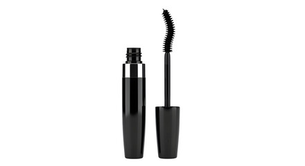 Open mascara tube with curved brush, sleek black packaging, isolated on white background