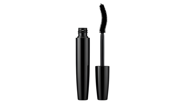 Open mascara tube with curved brush, sleek black packaging, isolated on white background