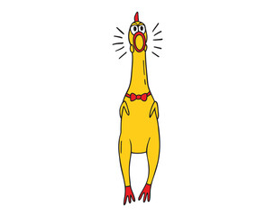 Funny screaming rubber yellow chicken toy, squawking chicken icon doodle hand drawn. colorful cartoon drawing clipart symbol