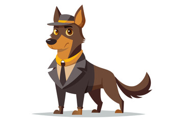 Funny cartoon illustration of a detective dog wearing a green coat and brown hat, holding a magnifying glass over one eye with a curious expression.