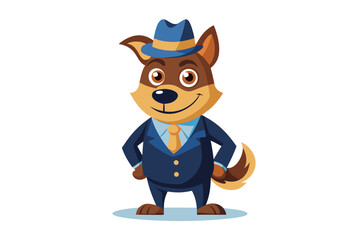 Funny cartoon illustration of a detective dog wearing a green coat and brown hat, holding a magnifying glass over one eye with a curious expression.
