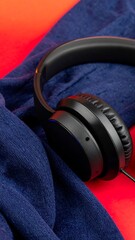 Black headphones resting on folded blue fabric over red background