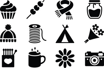 Bold Black Glyph Icons:  Cupcake, Scarf, Tent, Flowers,  Camera,  Cozy Winter and Spring Themes.