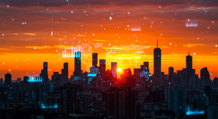 Global Network Overlay on City Skyline at Sunset