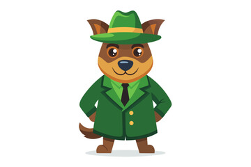 Funny cartoon illustration of a detective dog wearing a green coat and brown hat, holding a magnifying glass over one eye with a curious expression.