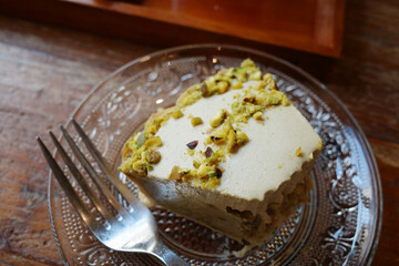 korea dessert cafe pistachio cake plate bakery pie