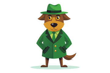 Funny cartoon illustration of a detective dog wearing a green coat and brown hat, holding a magnifying glass over one eye with a curious expression.