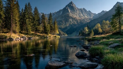Serene mountain lake surrounded by a lush green forest with reflections in the calm water under a clear blue sky