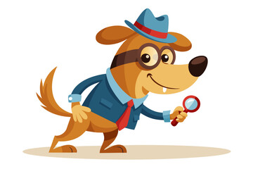 Funny cartoon illustration of a detective dog wearing a green coat and brown hat, holding a magnifying glass over one eye with a curious expression.