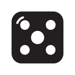 Black and white die icon with five dots. Simple flat vector graphic symbol representing chance, luck, and gaming on a white background.