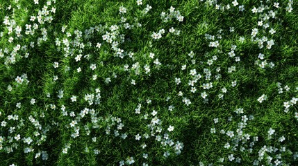 Fototapeta premium Aerial view of lush green grass with small white flowers, perfect for an outdoor setting