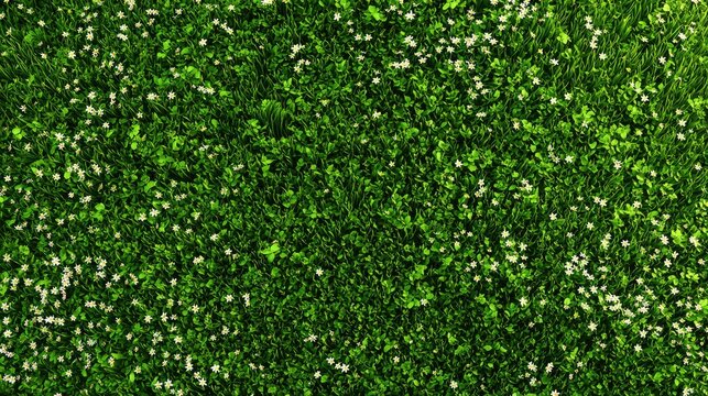 Aerial view of lush green grass with small white flowers, perfect for an outdoor setting