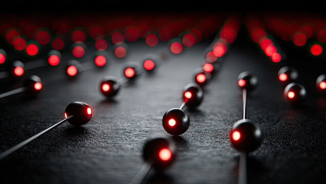 Network of dark spheres connected by lines, glowing red centers