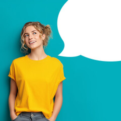 Photorealistic young pretty girl in yellow t-shirt on turquoise uniform background with speech bubble picture for website or any other design, modern style
