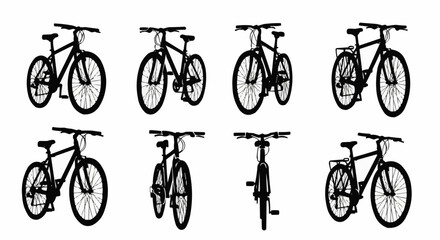 Obraz premium Bicycle Silhouette Set on White Background – Road Bikes, Mountain Bikes, Racing, BMX, Vintage, Electric, Tandem, and Urban Cycling Vector Silhouettes Isolated