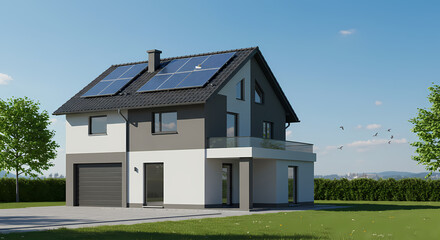 Fototapeta premium Dream Home Design: Modern Two-Story House with Solar Panels