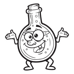 Cartoon flask character with arms and legs in black outline coloring page