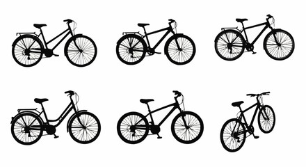 Bicycle Silhouette Set on White Background – Road Bikes, Mountain Bikes, Racing, BMX, Vintage, Electric, Tandem, and Urban Cycling Vector Silhouettes Isolated