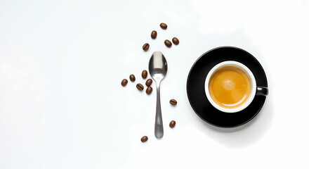 Espresso Coffee Cup, Beans, Spoon: Flatlay Coffee Photography for Cafe Menu, Website, or Blog