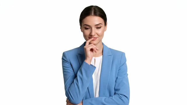 Thoughtful young business woman wearing a blue suit is thinking on a white screen background, concept for business presentation, problem solving and decision making