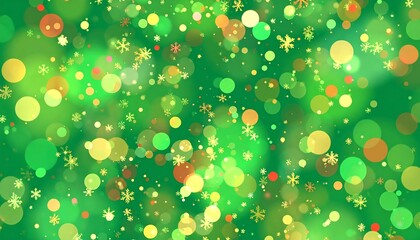 Vibrant green background with colorful bokeh and snowflakes. A festive abstract design