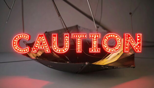 Red neon CAUTION sign over a metallic umbrella
