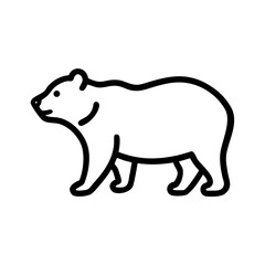 Simple outline drawing of a walking animal with thick fur and small rounded ears in black and white