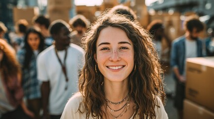 Obraz premium A photo of an attractive female model smiling and looking at the camera as she stands in front of people moving boxes, with a busy background 