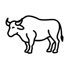 Simple outline drawing of a bovine animal with horns and a tail standing in profile view isolated on white