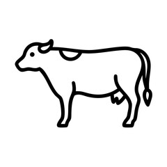 Simple outline drawing of a dairy animal standing with a spot on its back and a swishing tail design