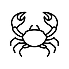 A simple graphic depiction of a crab with prominent claws and multiple legs in black outline style
