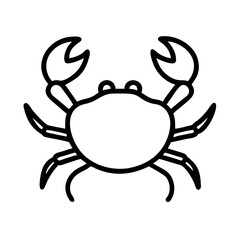Simple outline drawing of a crab with prominent claws and multiple legs on a white background view