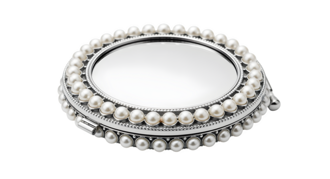 Round compact mirror with pearl detailing, isolated on white background