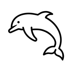 Outline drawing of a marine mammal leaping with a dorsal fin and tail flukes in black on a white background