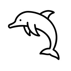 Simple graphic of a marine mammal with a dorsal fin leaping upwards in a stylized outline format