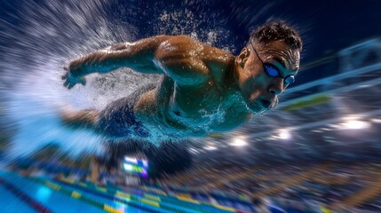 An athletic male swimmer powers through the water underwater during a competitive race