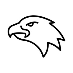 Outlined head of a bird of prey with sharp beak and detailed feathers in a simple graphic style