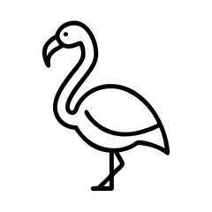 Simple graphic of a flamingo standing on two legs with a curved neck and beak in black outline style