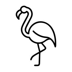 Stylized depiction of a flamingo standing on one leg with a curved neck and beak in black outline