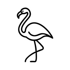 Stylized depiction of a flamingo standing on one leg with a curved neck and beak in black outline